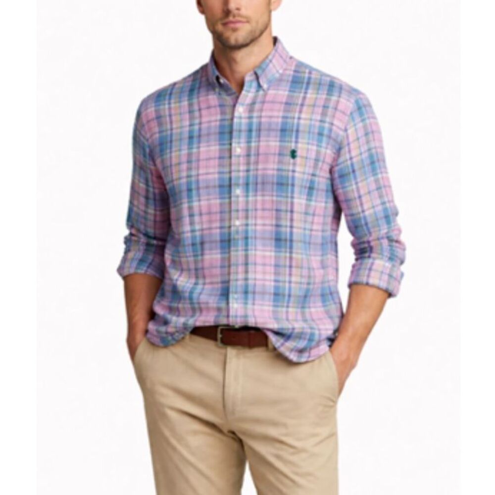 Polo Ralph Lauren Men's Pink Plaid Linen Classic Fit Buttondown LS Shirt Size XL